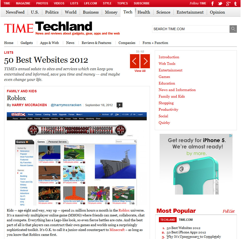 Roblox Named One Of Time S 50 Best Websites Of 2012 Roblox Blog - history site for roblox