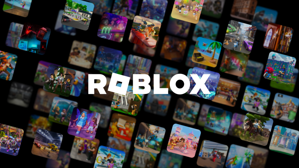 Roblox logo with images of experiences in the background
