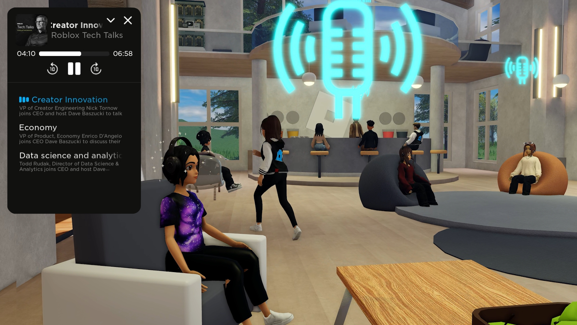 avatar listens to podcast in the podcast lounge